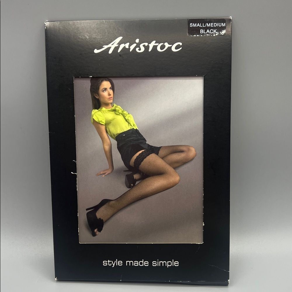 Aristoc Black Fishnet Lace Top Thigh High Stockings